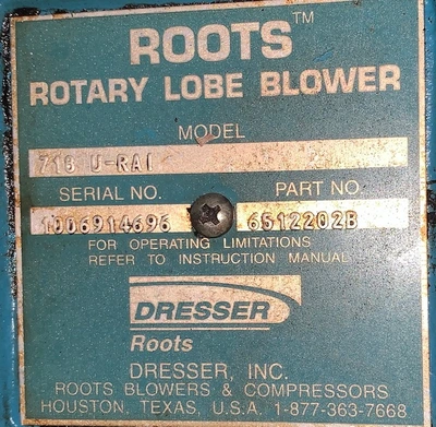 Roots Dresser Rotary Lobe Blower Model 718 U-RAI