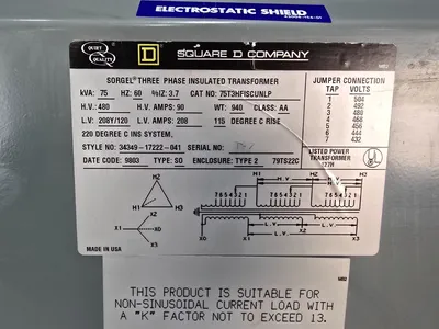 75 KVA Square D Dry Transformer 480 Delta 208Y/120 75T3HFISCUNLP Cosmetic Damage