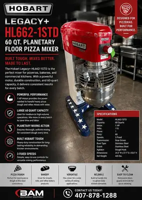 Hobart Legacy+ HL662-1STD 60 Qt. Planetary Floor Pizza MixerHobart Legacy+ HL662-1STD 60 Qt. Planetary Floor Pizza Mixer
