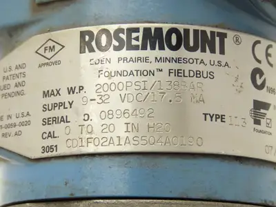 Rosemount 3051 CD1F02A1AS5Q4A0190 Pressure Transmitter 0-20"H2O 2000psi 9-32VDC
