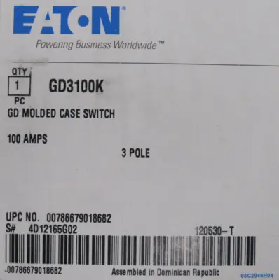 NEW EATON GD3100K CIRCUIT BREAKER 100A
