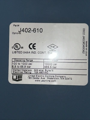UNITED ELECTRIC J402-610 PRESSURE SWITCH, 1/4" NPT, 15A, 100-1000PSI/6.9-68.9BAR