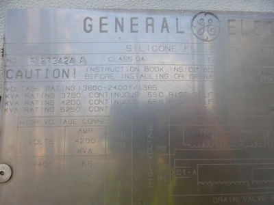 3750 KVA GE Silicone Transformer, 13.8KV Pri, 2400Y/1385V Sec