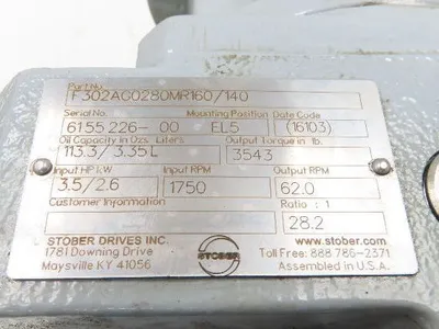Stober F302AG0280MR160/140 Offset Helical Reducer 28.2:1 Gearbox Hollow Shaft