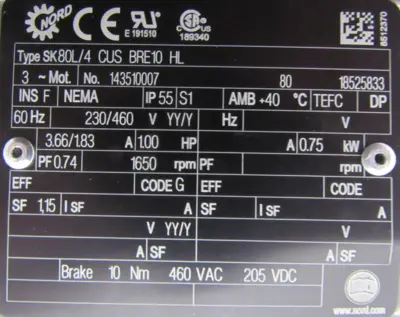 NEW NORD SK372.1ZVL-80L/4CUS GEARMOTOR 23.00:1 1HP 1" DIA. SK80L/4CUSBRE10HL