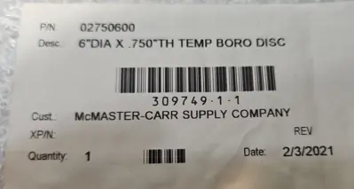 MC Master 02750600 Temp Boro Disc 6" DIA X .750" TH Loc4E50