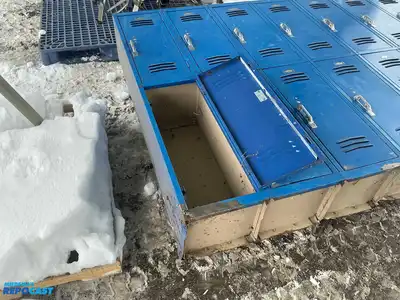 14 door blue metal locker unit 60”x84” (each one is approximately 10”24”x10”)