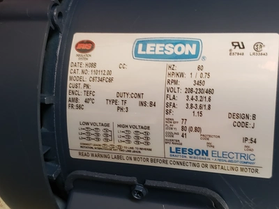 LEESON 1 HP, 3450 RPM, 56C FRAME MOTOR