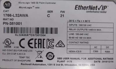USED ALLEN BRADLEY 1766-L32AWA MICROLOGIX 1400 CONTROLLER SER.C 1766L32AWA