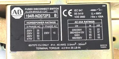 USED ALLEN BRADLEY 194R-NDO72P3 SER. B DISCONNECT SWITCH 194RNDO72P3