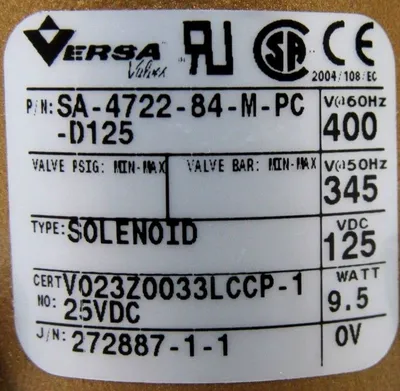 NEW VERSA VALVES SA-4722-84-M-PC-D125 SOLENOID SA472284MPCD125