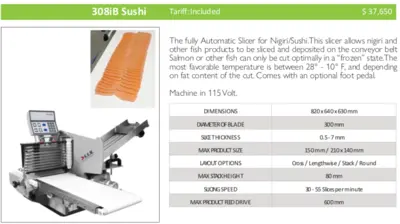 S.A.M. 308iB Sushi Fully Automatic Slicer and Stacker for Nigiri/Sushi
