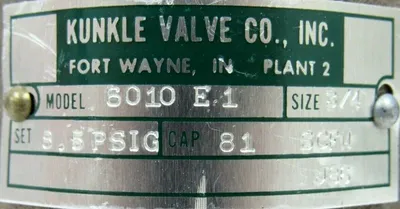 NEW KUNKLE VALVE 6010-E1 RELIEF VALVE 3/4" 6010E1