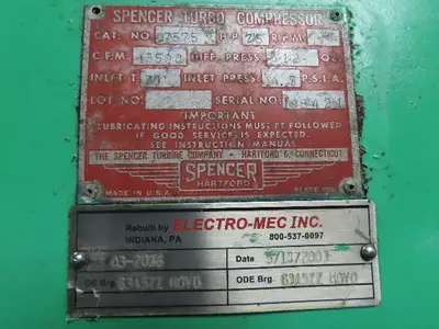 Spencer Turbo Compressor 07575 13500 CFM 75 Hp Blower
