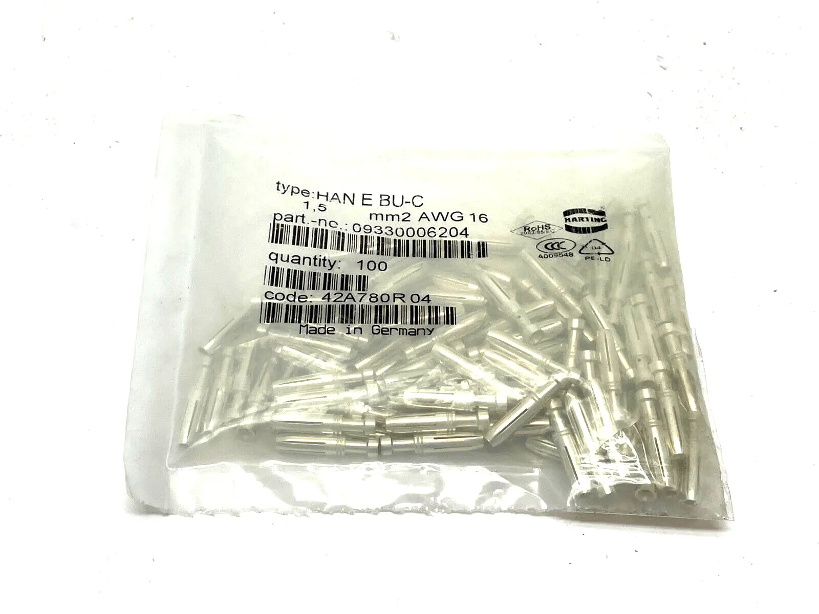 Harting Han E BU-C Crimp Contact Ag 1.5 mm²/ 16 AWG 09 33 000 6204 PKG OF 100