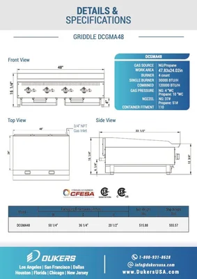 New | in-Stock Dukers New Dukers DCGMA48 48 in. W Flat Top Griddle with 4 Burners Commercial Flat Top Griddles Illinois US | Falcon Restaurant Supply #1376250