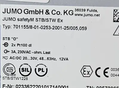 Jumo GmbH Safety M STB/STW Ex. Type:701155/8-01-0253 Safety Temp Limiter. 4E-22