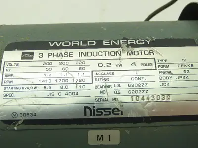 Toshiba Nissei World Energy AC Motor 0.2kW 1720 RPM 220V 3PH 1:15 Gearmotor