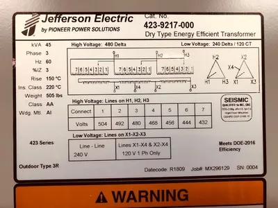 New 45 KVA Transformer 480 Delta 240 Jefferson 423-9217-000 FREE SHIPPING