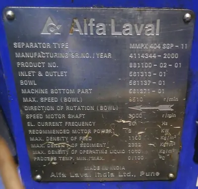 Alfa-Laval MMPX 404 SGP-11 oil purifier, 316SS.