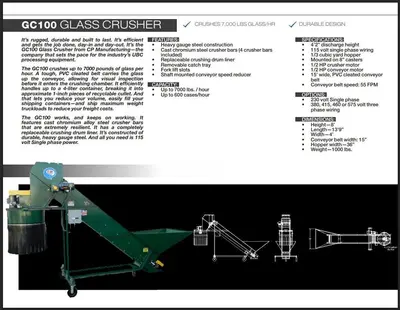 96" CP MFG MODEL #GC-100 "GLASSHOPPER" PORTABLE INCLINED CONVEYOR & GLASS CRUSHER: YOBRO #24416