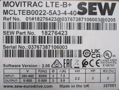 NEW SEW EURODRIVE 18276423 FREQUENCY INVERTER 3HP MCLTEB0022-5A3-4-40