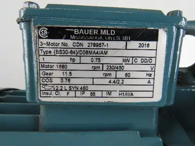 BAUER 1Hp Gear Motor Hollow Thru Shaft 230/460V 3Ph 11.5 RPM {bs30-84}/d08ma4/am