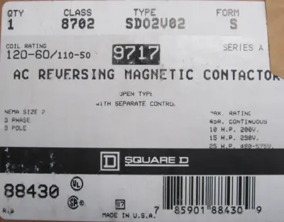 NEW SQUARE D 8702SD02V02S CONTACTOR SER.A 88430