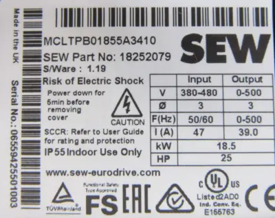 NEW SEW EURODRIVE 18252079 DRIVE 25HP MCLTPB01855A3410