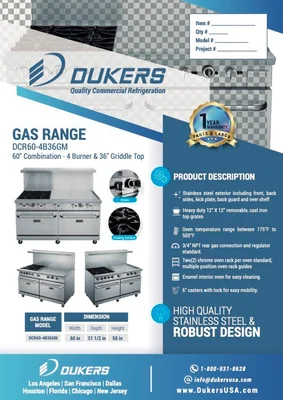 New | in-Stock Dukers New Dukers DCR60-4B36GM 60" Gas Range with Four (4) Open Burners & 36" Flat Top Griddle Commercial Ranges Illinois US | Falcon Restaurant Supply #1376264