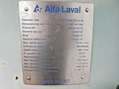Used Alfa Laval FOPX 609 TFD 2460 Disc Stack Centrifuges Ohio US | Equipment Recovery Corp. #1331323