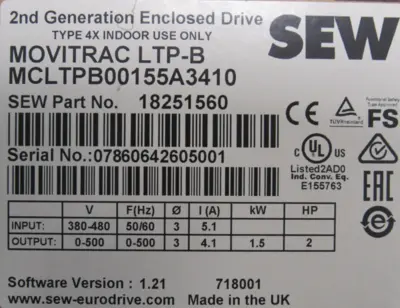 NEW SEW EURODRIVE 18251560 DRIVE 2HP MCLTPB00155A3410