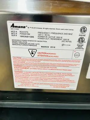 Amana RCS10TS 1000w Commercial Microwave w/ Touch Pad, 120v Refurbished
