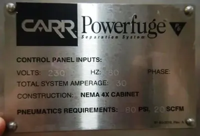Carr P-6 Powerfuge biotech clarifier separation system.