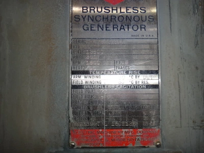 Electric Machinery Synchronous Generator 5000 KW 13,800 V 6250 K