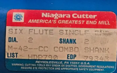 Niagara Cutter End Mill HSS 79343 HSCO 6 Flute M-42 CC Combo Shank USA New 2"
