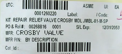 NEW CROSBY VALVE JMBL-81-M-SP REPAIR KIT G015780000 JMBL81MSP MDLJMBL-81-M-SP