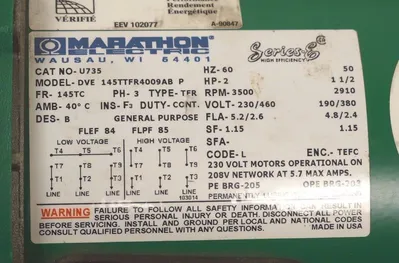 NEW MARATHON ELECTRIC 145TTFR4009 MOTOR U735, 2HP