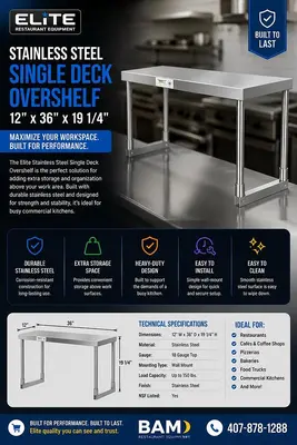 Elite Stainless Steel Single Deck Overshelf - 12" x 36" x 19 1/4"