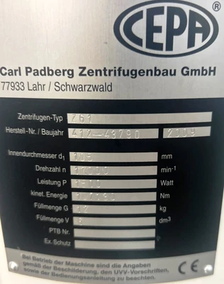 Cepa Z61 tubular bowl centrifuge, 316SS.