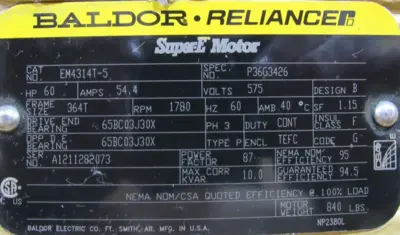 NEW BALDOR EM4314T-5 MOTOR 60HP 575V 364T 2-3/8" 1780RPM EM4314T5