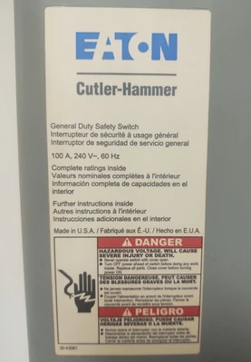 🔥EATON CUTLER HAMMER 100A FUSED SAFETY SWITCH DISCONNECT 240 VAC 30 HP DG323NGB