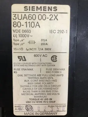 USED SIEMENS 3UA60 00-2X 80-110A