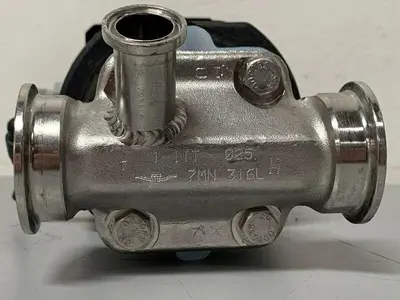 USED ITT PURE-FLO A209 STAINLESS STEEL 3-WAY DIAPHRAGM VALVE W/ 1" & 2" SANITARY FITS