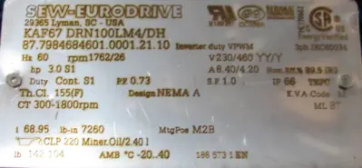 NEW SEW EURODRIVE KAF67 DRN100LM4/DH GEARMOTOR 230/460V 68.95:1 KAF67DRN100LM4DH