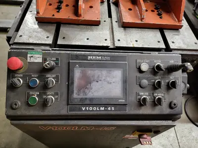 HE&M Vertical Bandsaw V100LM-45 with Infeed/Outfeed Conveyors