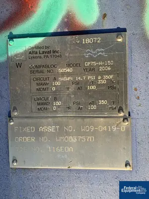 USED Alfa Laval 1,033 Sq Ft Alfa Laval CompaBloc Heat Exchanger, 316L S/S, 100/100#