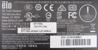 NEW ELO TOUCH SOLUTIONS E197058 TOUCH SCREEN ET1790L-8CWA-1-ST-NPB-G