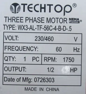 NEW TECHTOP WX3-AL-TF-56C-4-B-D-.5 MOTOR 1/2HP 230/460V WX3ALTF56C4BD5