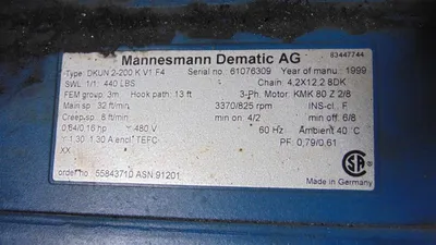 Mannesmann Dematic AG 440 lb Rail Mount Electric Chain Hoist 32/8 ft/min. Used